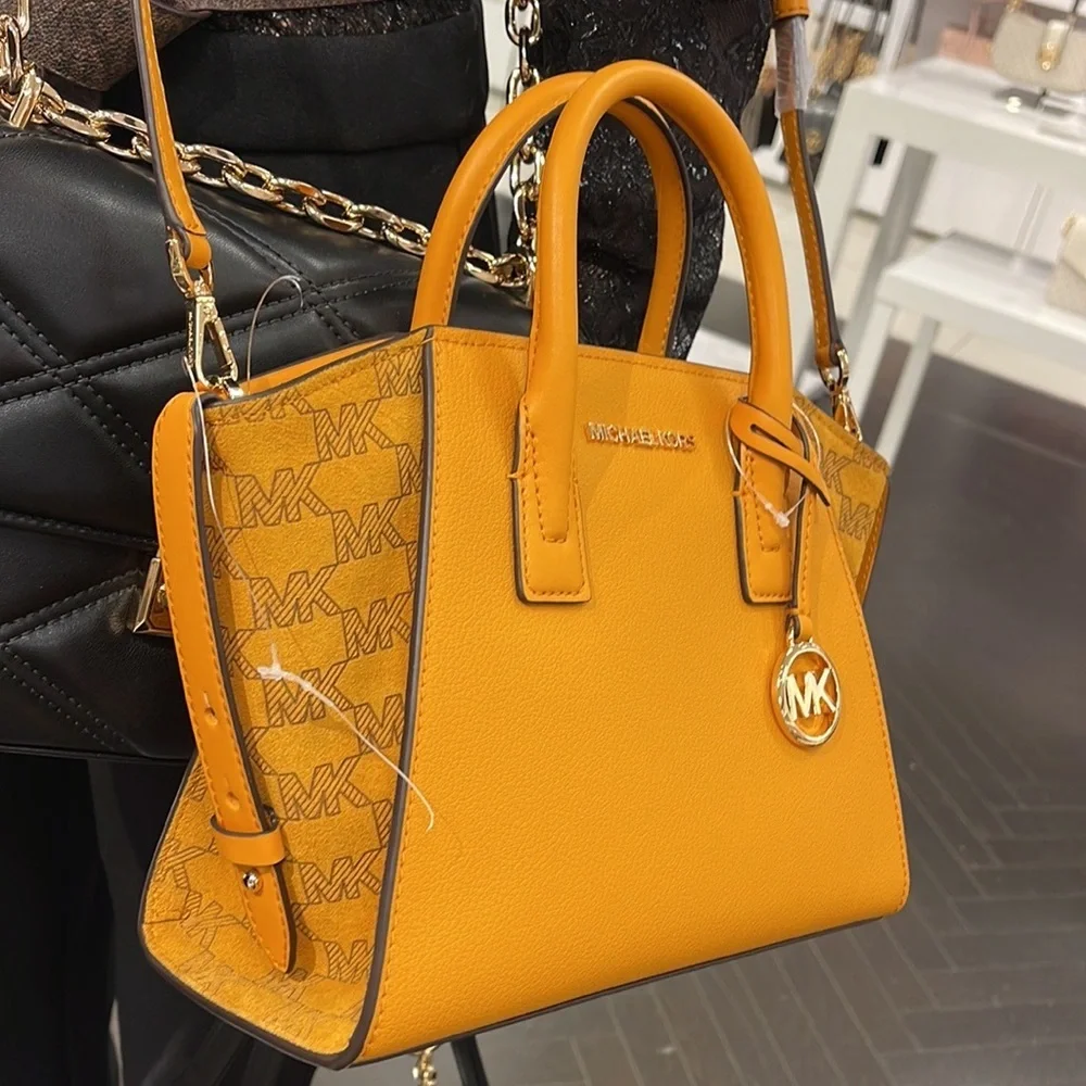 Michael Kors Avril Small Signature PVC Top Zip Satchel Crossbody Bag Honeycomb
